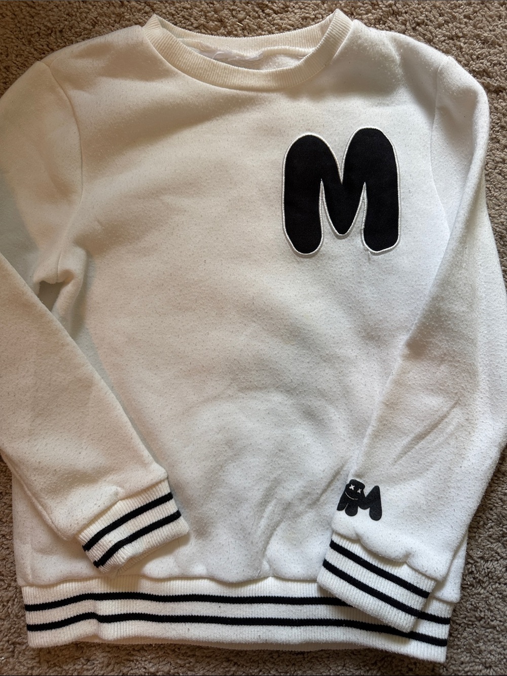 Kids White Crewneck Sweatshirt with Black 'M' Applique